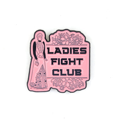 Pink and black 'Ladies Fight Club' sign with vintage-style illustration on a white background