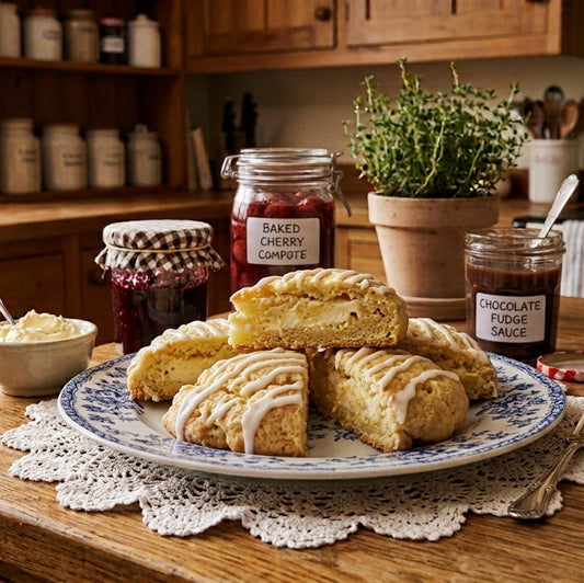 A rustic kitchen scene with a plate of sliced sponge cake or scones topped with white icing, surrounded by jars of jam, a bowl of strawberries, and a small dish of clotted cream on a wooden table. The background shows wooden cabinets, shelves, and kitchen items.