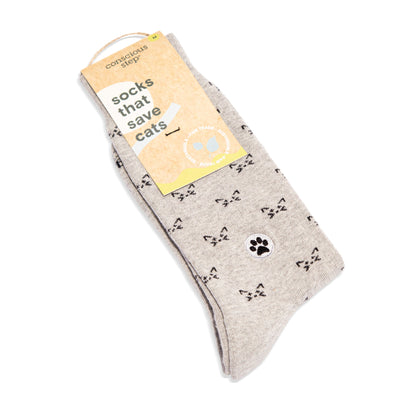 Socks that Save Cats — Cat Face Crew Socks | Heather Grey | Cat Lover Gift | Organic Cotton - Spinsterly Co
