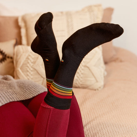 Socks that Save LGBTQ Lives — Rainbow Stripe Crew Socks | LGBTQ+ Pride | Organic Cotton - Spinsterly Co