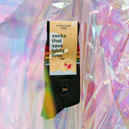 Socks that Save LGBTQ Lives — Rainbow Stripe Crew Socks | LGBTQ+ Pride | Organic Cotton - Spinsterly Co