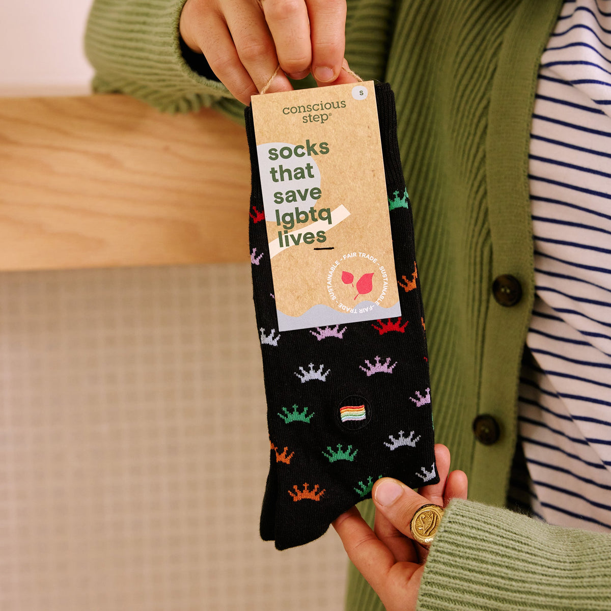Socks that Save LGBTQ Lives — Rainbow Crown Crew Socks | LGBTQ+ Pride | Organic Cotton - Spinsterly Co