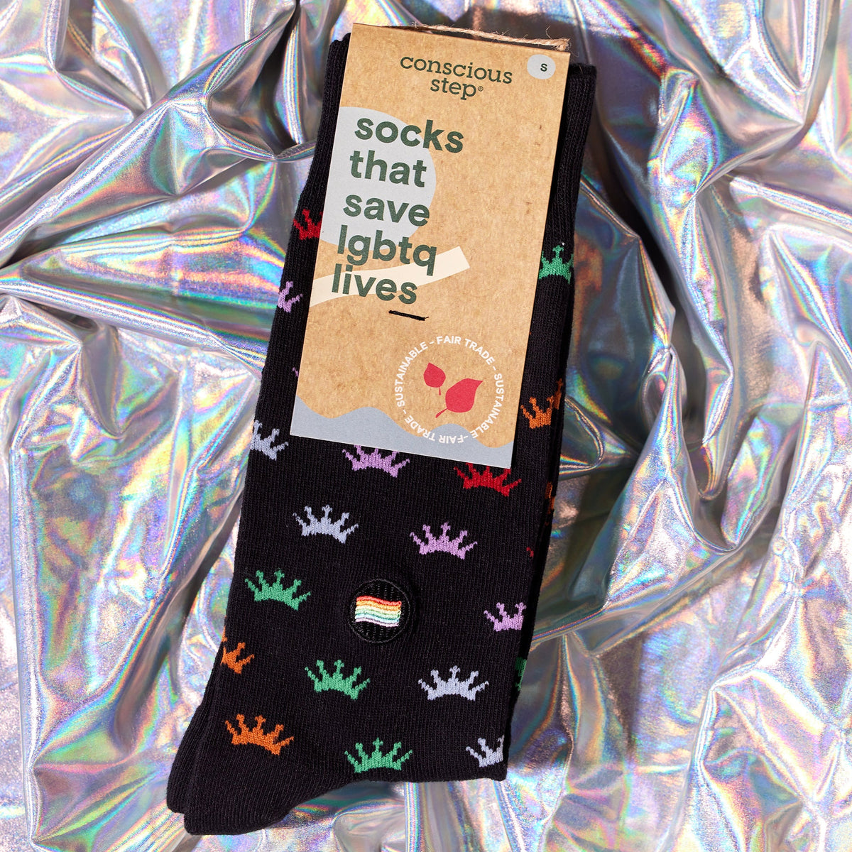 Socks that Save LGBTQ Lives — Rainbow Crown Crew Socks | LGBTQ+ Pride | Organic Cotton - Spinsterly Co