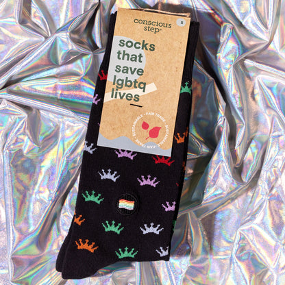 Socks that Save LGBTQ Lives — Rainbow Crown Crew Socks | LGBTQ+ Pride | Organic Cotton - Spinsterly Co