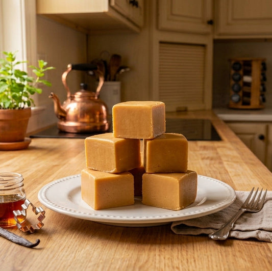 A stack of golden yellowhandmade maple fudge on a white plate, set on a wooden kitchen counter with a small jar of honey, vanilla bean, and fork nearby.