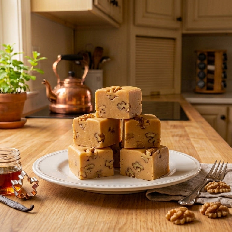 A stack of golden-brown maple fudge squares with dark walnuts, displayed on a white plate on a wooden kitchen counter. Walnuts, a small jar of honey, and a vanilla bean are arranged nearby, with a cozy kitchen background visible through the window.