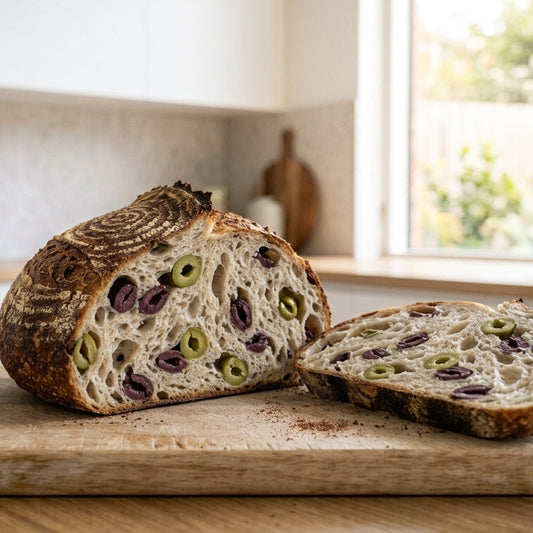 A rustic round loaf of bread with sliced pieces on a wooden cutting board in a bright kitchen. The bread has a dark brown crust and is studded with green and purple olives, shown against a softly blurred kitchen background with a window.