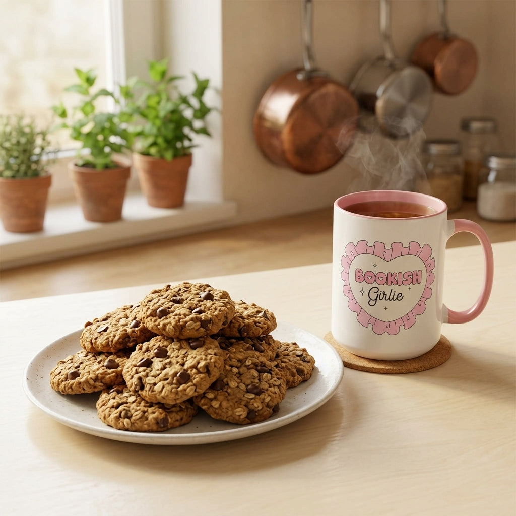 A plate piled high with golden-brown oatmeal chocolate chip cookies rests on a light-colored kitchen countertop next to a white ceramic mug with a pink interior and handle. The mug features a pink heart with a ruffled border and the text "BOOKISH Girlie" printed on the side, filled with steaming hot tea. In the soft-focus background, potted green herbs sit on a sunny windowsill alongside hanging copper pans and kitchen jars, creating a cozy atmosphere.