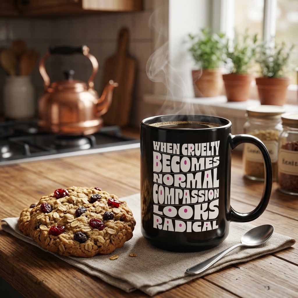 A black ceramic mug with the phrase 'WHEN CRUELTY BECOMES NORMAL COMPASSION LOOKS RADICAL' in white and pink lettering, filled with steaming coffee on a rustic wooden table next to an oatmeal cookie. The background shows a warm, softly blurred kitchen scene with a copper kettle, potted plants, and spices.
