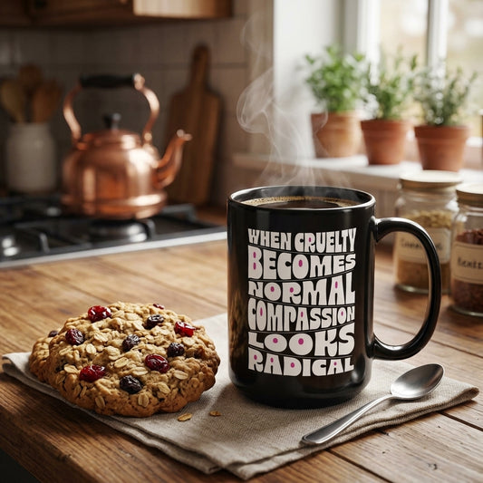 A black ceramic mug with the phrase 'WHEN CRUELTY BECOMES NORMAL COMPASSION LOOKS RADICAL' in white and pink lettering, filled with steaming coffee on a rustic wooden table next to an oatmeal cookie. The background shows a warm, softly blurred kitchen scene with a copper kettle, potted plants, and spices.