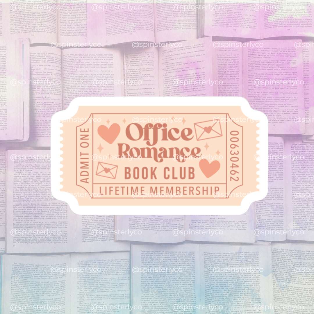 A stylized promotional graphic for an 'Office Romance Book Club' with a central ticket-shaped badge reading 'ADMIT ONE Office Romance BOOK CLUB LIFETIME MEMBERSHIP' over a soft pastel background of stacked books.