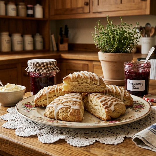 A plate of baked scones with white icing sits on a wooden kitchen table, surrounded by jars of jam, a bowl of clotted cream, and a knife. The scene is set in a warm, rustic kitchen with wooden cabinets and shelves.
