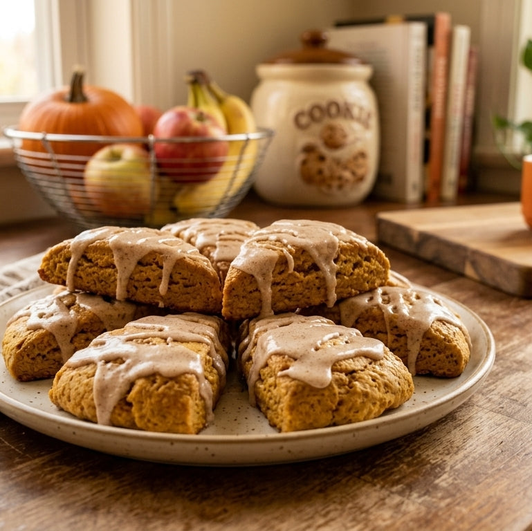 A plate of freshly baked pumpkin scones with white icing sits on a rustic wooden kitchen counter. In the background, a wire bowl holds pumpkins and apples next to a ceramic cookie jar, a mug rests on a cutting board, and a window with soft natural light is visible.