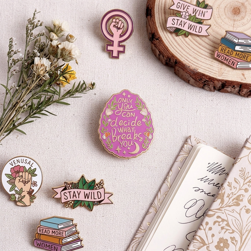 A styled flat-lay of several enamel pins on a light fabric background, with dried flowers, a wood slice, and an open notebook. The pins feature women's empowerment themes, including a pink Venus symbol, a pink oval pin reading 'Only you can decide what breaks you,' a pink banner reading 'STAY WILD,' a stack of books reading 'READ MORE WOMEN,' and a fist pin reading 'GIVE WIN' STAY WILD.