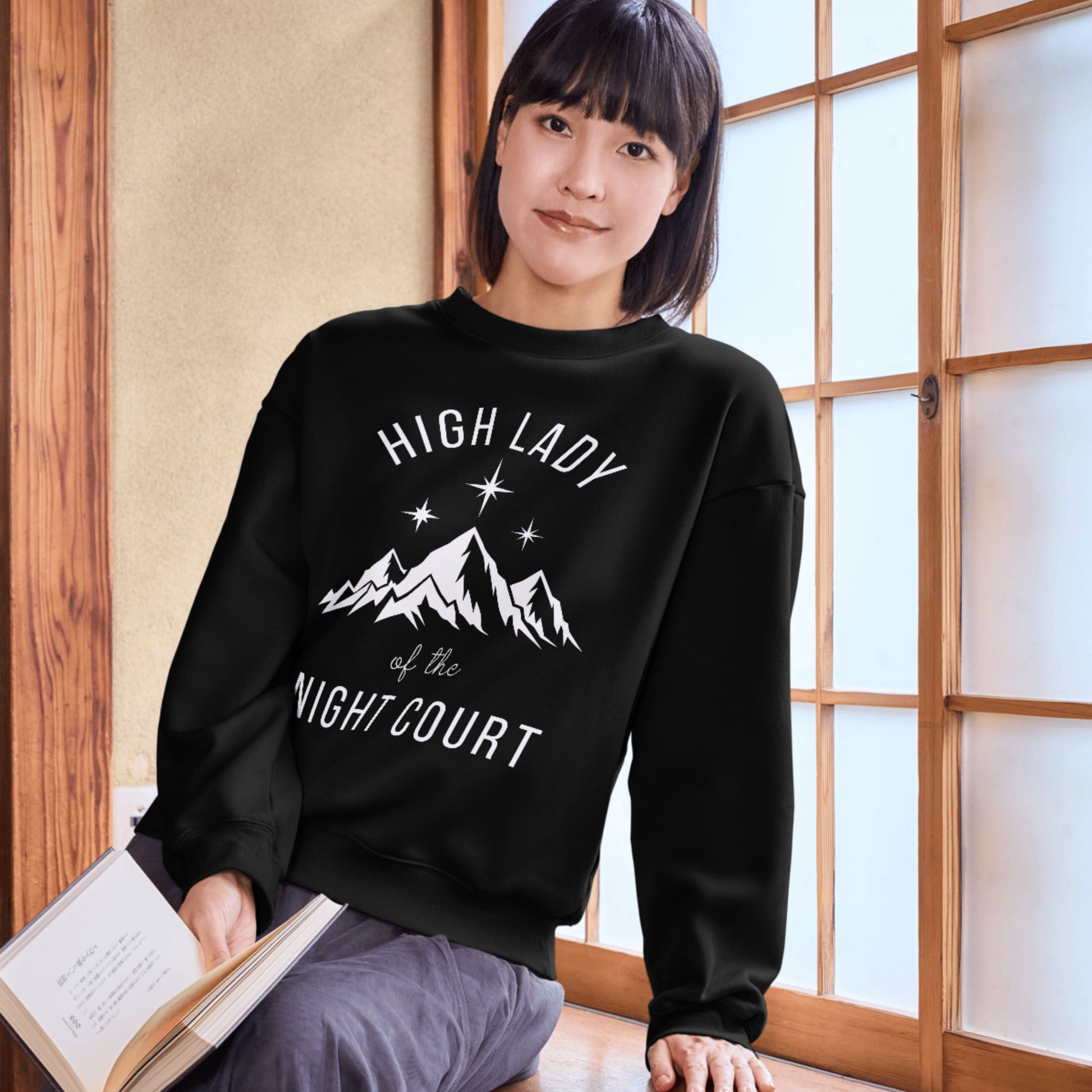 High Lady of the Night Court Oversized Crewneck Sweatshirt by Spinsterly Co in black with mountain and star graphic