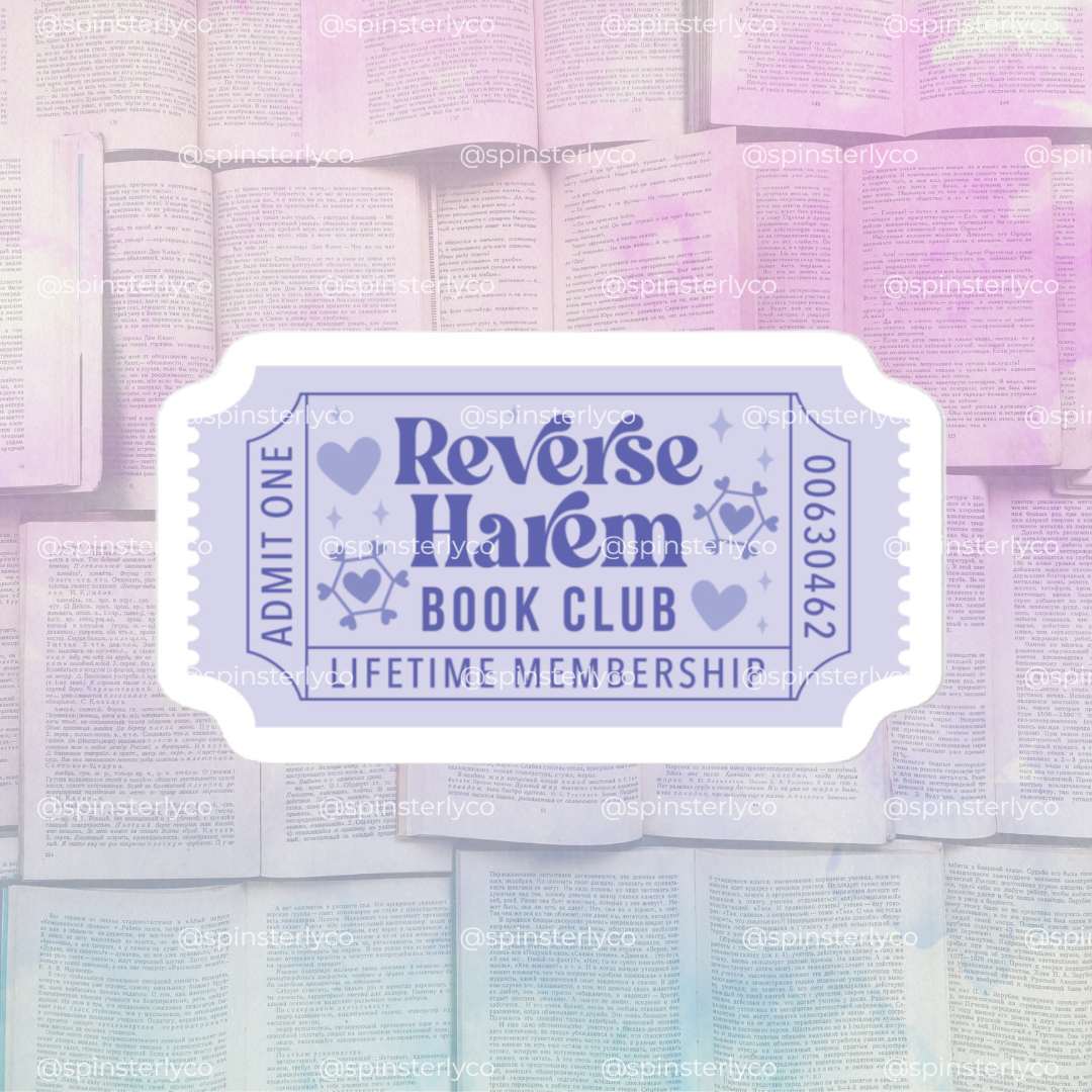 A stylized graphic of a ticket-shaped label reading 'Reverse Harém Book Club' and 'Lifetime Membership,' centered over a soft pastel background of stacked books.