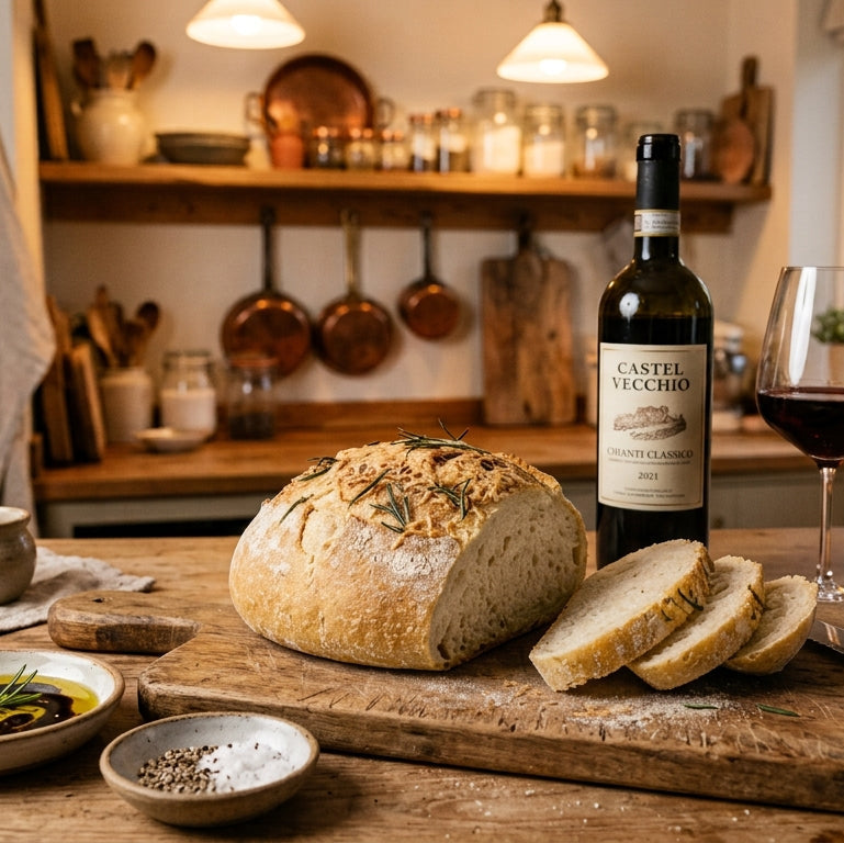A bottle of Castel del Giudice red wine stands on a rustic kitchen counter beside a loaf of bread, sliced bread, a filled wine glass, and small bowls of oil and seasoning, with shelves and copper pots in the background.