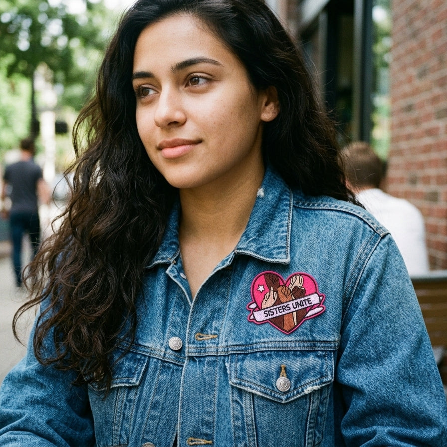 A woman wearing a blue denim jacket with a heart-shaped 'Seychelles' patch on the chest, standing on an outdoor city sidewalk.