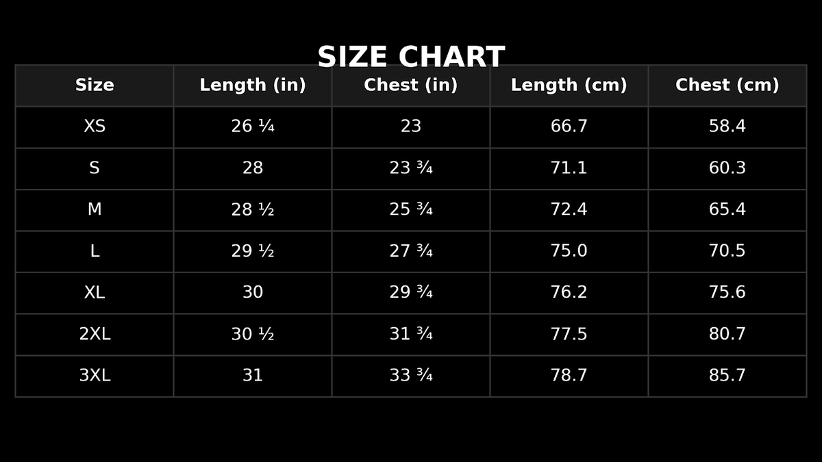 A size chart table on a black background with white text, showing size rows from XS to 3XL and measurements for length in inches and centimeters, plus chest measurements.