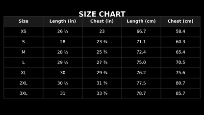 A size chart table on a black background with white text, showing size rows from XS to 3XL and measurements for length in inches and centimeters, plus chest measurements.