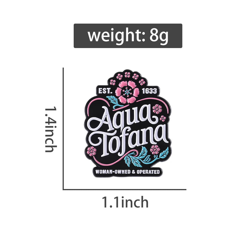 A decorative patch or sticker design reading 'Aqua Tofana' with floral accents, shown on a white background with dimension lines indicating 1.4 inch by 1.