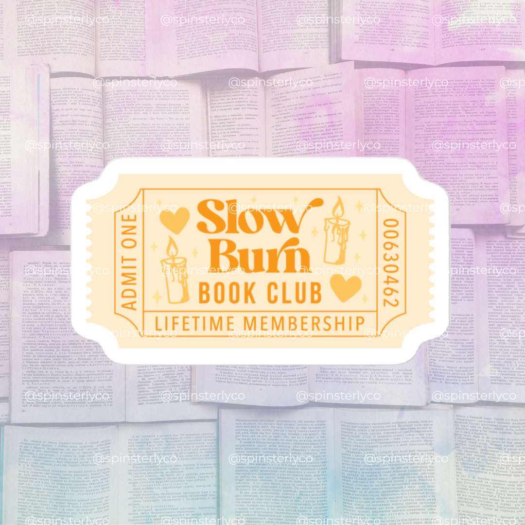 A stylized ticket-shaped graphic reading 'Slow Burn Book Club Lifetime Membership' with candle illustrations, centered over a soft pastel collage of open books. The design appears to be the product artwork itself rather than a real-world scene, so Product/Packaging fits better than Lifestyle or Scenery.