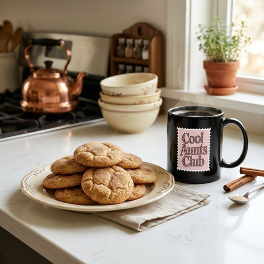 A black ceramic mug with a pink and white 'Cool Auntie's Chip' label sits on a kitchen counter next to a plate of cookies, with a copper kettle and spice rack in the background.