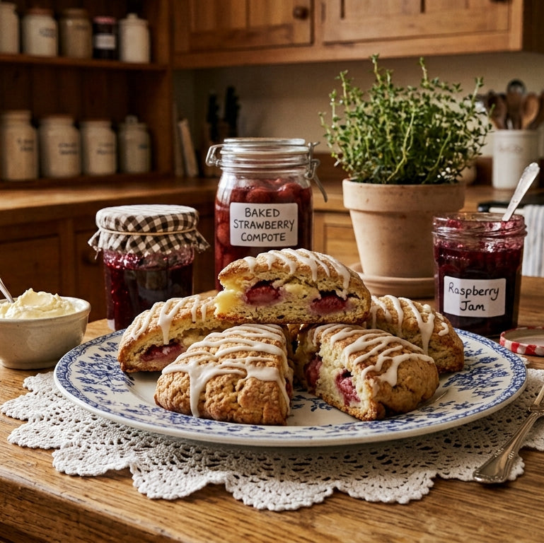 A plate of strawberry scones with cream and drizzle sits on a wooden kitchen table, surrounded by jars of strawberry jam and fresh strawberries. The scene is set in a warm, rustic kitchen with wooden cabinets and shelves.