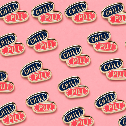 Pattern of 'Chill Pill' pins on a pink background