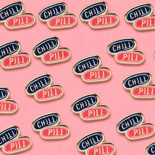 Pattern of 'Chill Pill' pins on a pink background