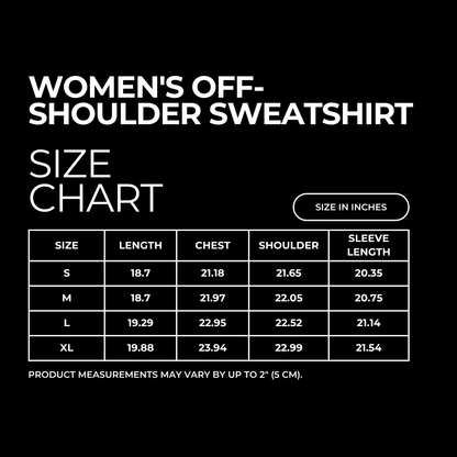 A black size chart graphic for a women's off-shoulder sweatshirt, showing measurements in inches for sizes S through XL in a white table with labeled columns for size, length, chest, shoulder, and sleeve length.