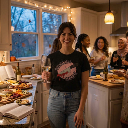 A woman stands in a warmly lit kitchen holding a glass of white wine, wearing a black graphic T-shirt with a pink and red design and the words 'THRILLER GIRLIE' Other people are visible in the background at the island, with food, wine bottles, string lights, and pendant lamps in the scene.