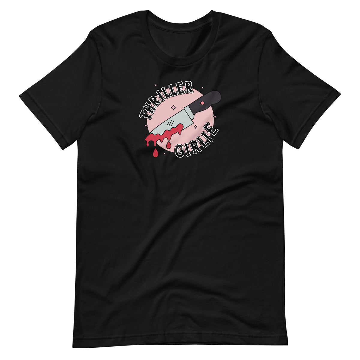 A black short-sleeve crewneck t-shirt featuring a graphic on the chest of a bloody knife with the text 'THRILLER GIRLIE' in a stylized font.