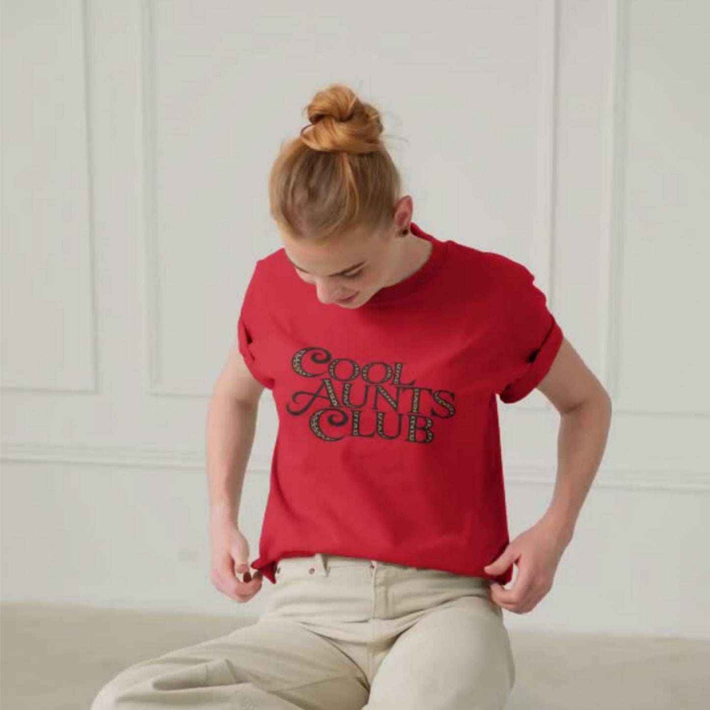 Cool Aunts Club T-Shirt by Spinsterly Co, red unisex graphic tee with leopard print lettering