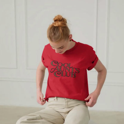 Cool Aunts Club T-Shirt by Spinsterly Co, red unisex graphic tee with leopard print lettering
