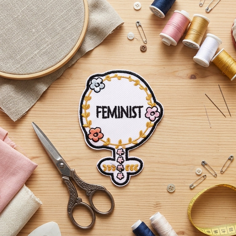 A flat-lay of sewing and embroidery supplies on a light wood surface, including fabric pieces, scissors, thread spools, pins, a measuring tape, and a central embroidered patch that reads “FEMINIST.”.