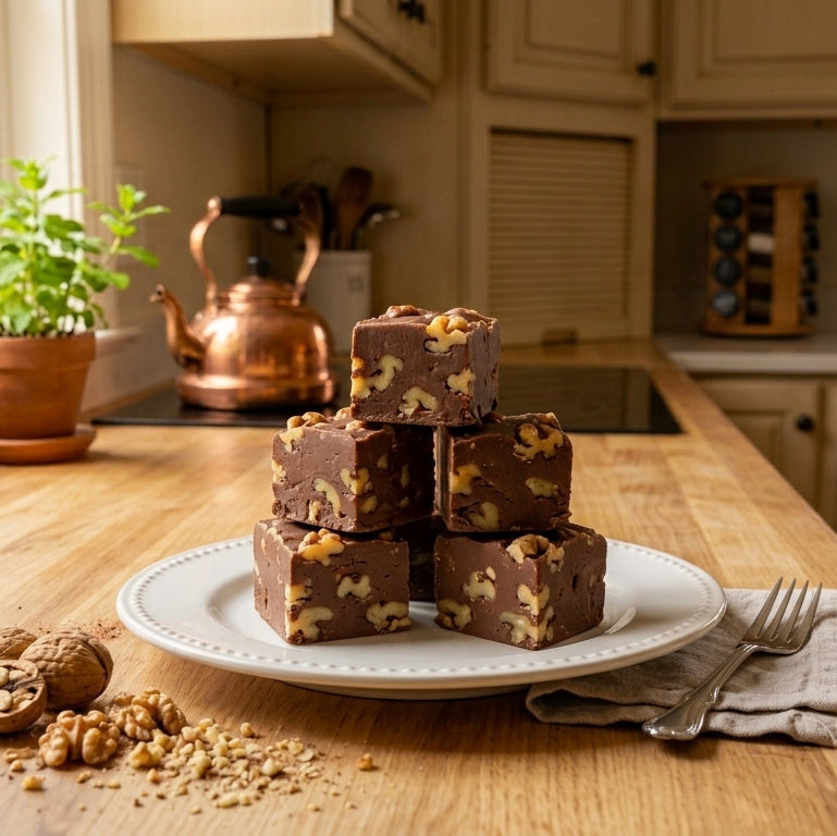 Four chocolate chip cookie bars stacked on a white plate on a wooden kitchen counter, with scattered walnuts and crumbs nearby, and a softly blurred kitchen background.