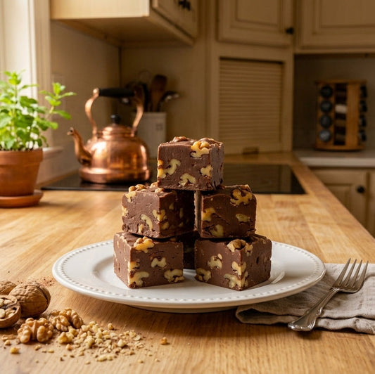 Four chocolate chip cookie bars stacked on a white plate on a wooden kitchen counter, with scattered walnuts and crumbs nearby, and a softly blurred kitchen background.
