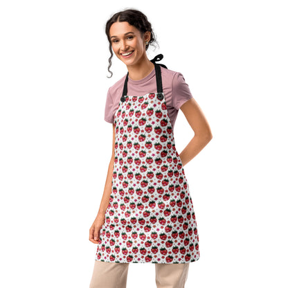 Pink Disco Strawberry Fields Apron by Spinsterly Co, pink and white with strawberry fields printed design