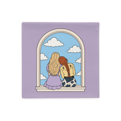 Cowgirl Friends Throw Pillow Cover by Spinsterly Co, whimsical western window illustration on lavender fabric