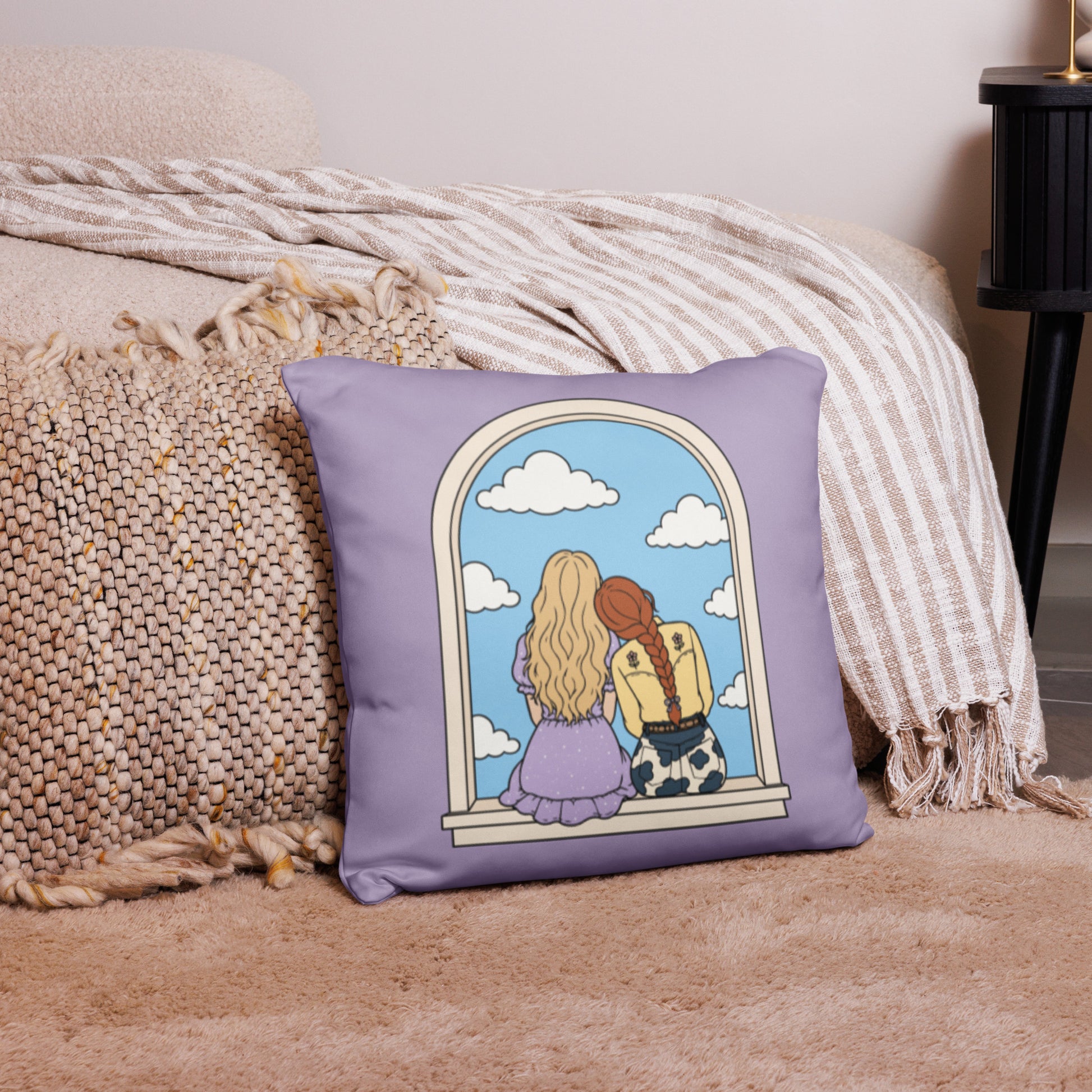 Cowgirl Friends Throw Pillow Cover by Spinsterly Co in lavender with western windowsill illustration on sofa
