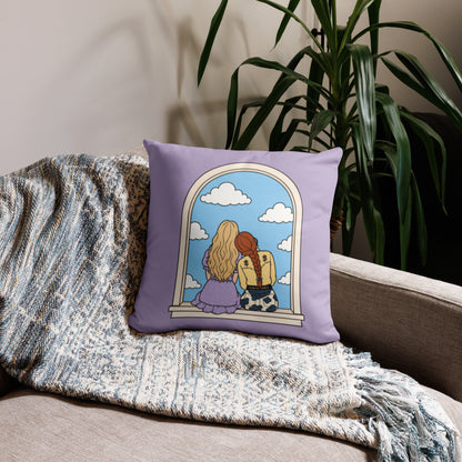 Cowgirl Friends Throw Pillow Cover by Spinsterly Co in lavender with whimsical western windowsill illustration
