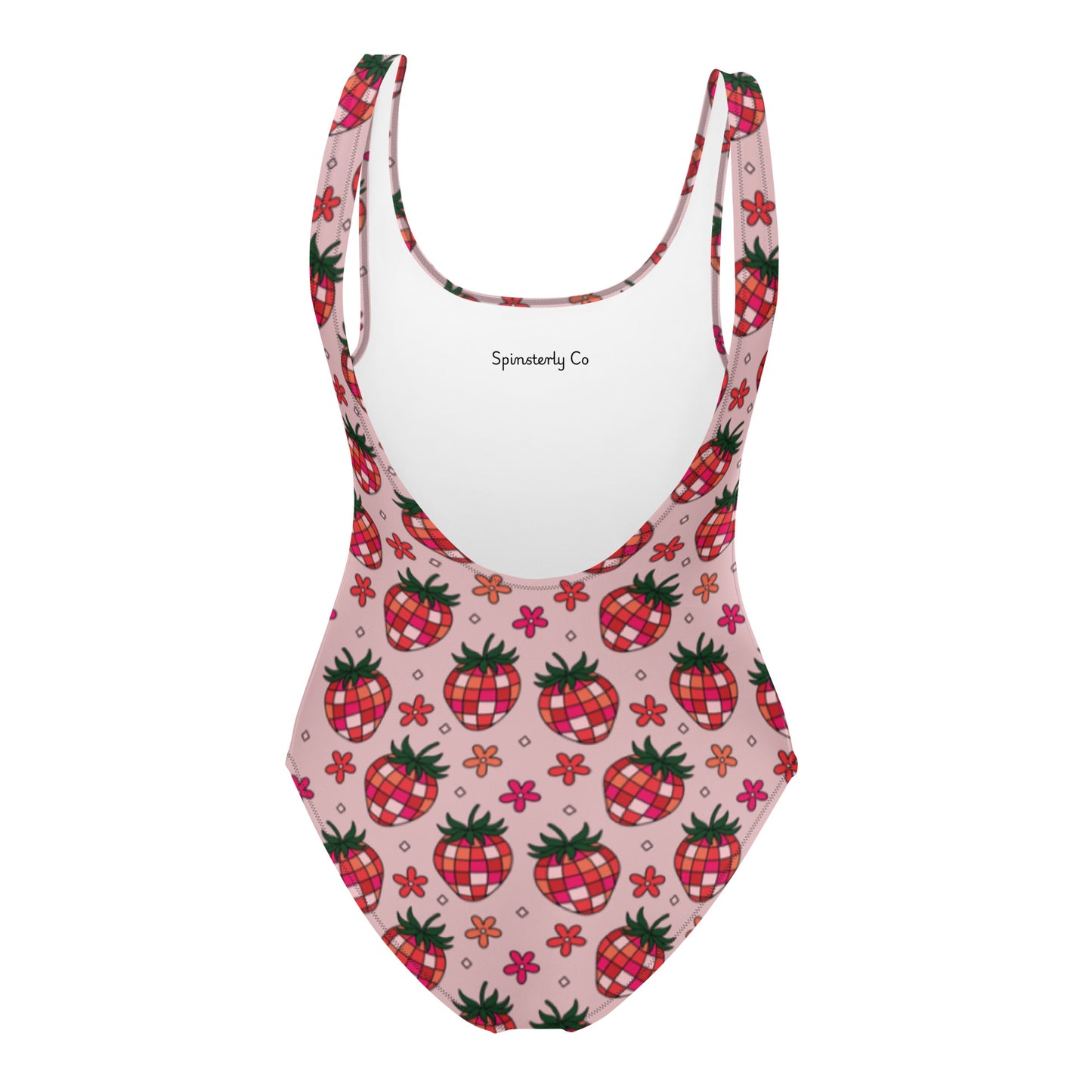 Disco Strawberry One-Piece Swimsuit by Spinsterly Co in pink retro print with scoop neckline and low scoop back