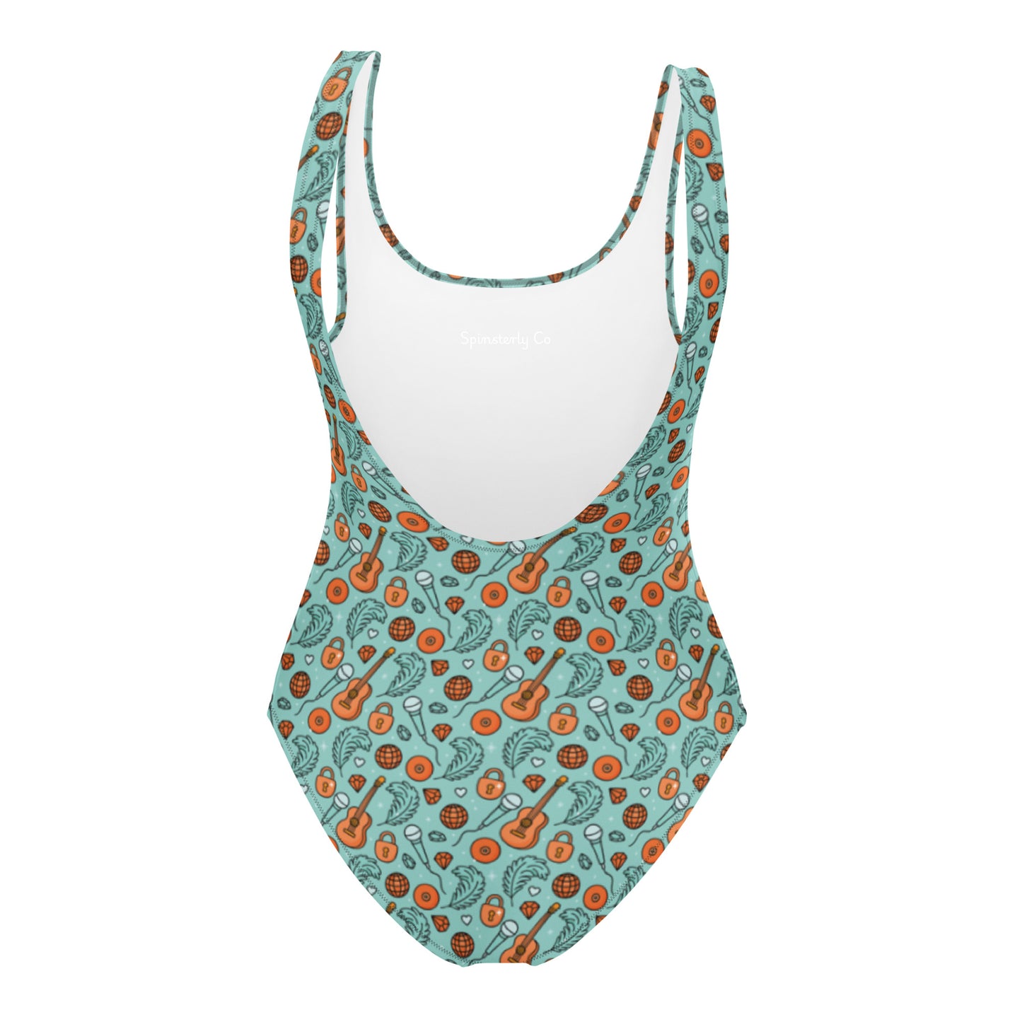 Showgirl Era One-Piece Swimsuit by Spinsterly Co in teal with all-over sublimation print and double-layer front