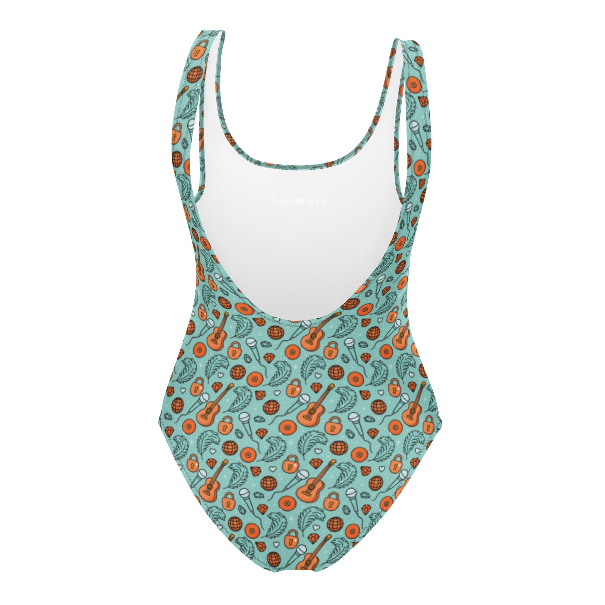 Showgirl Era One-Piece Swimsuit by Spinsterly Co in teal with all-over sublimation print and double-layer front