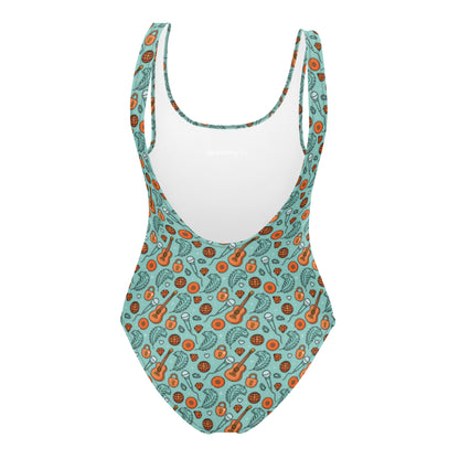 Showgirl Era One-Piece Swimsuit by Spinsterly Co in teal with all-over sublimation print and double-layer front