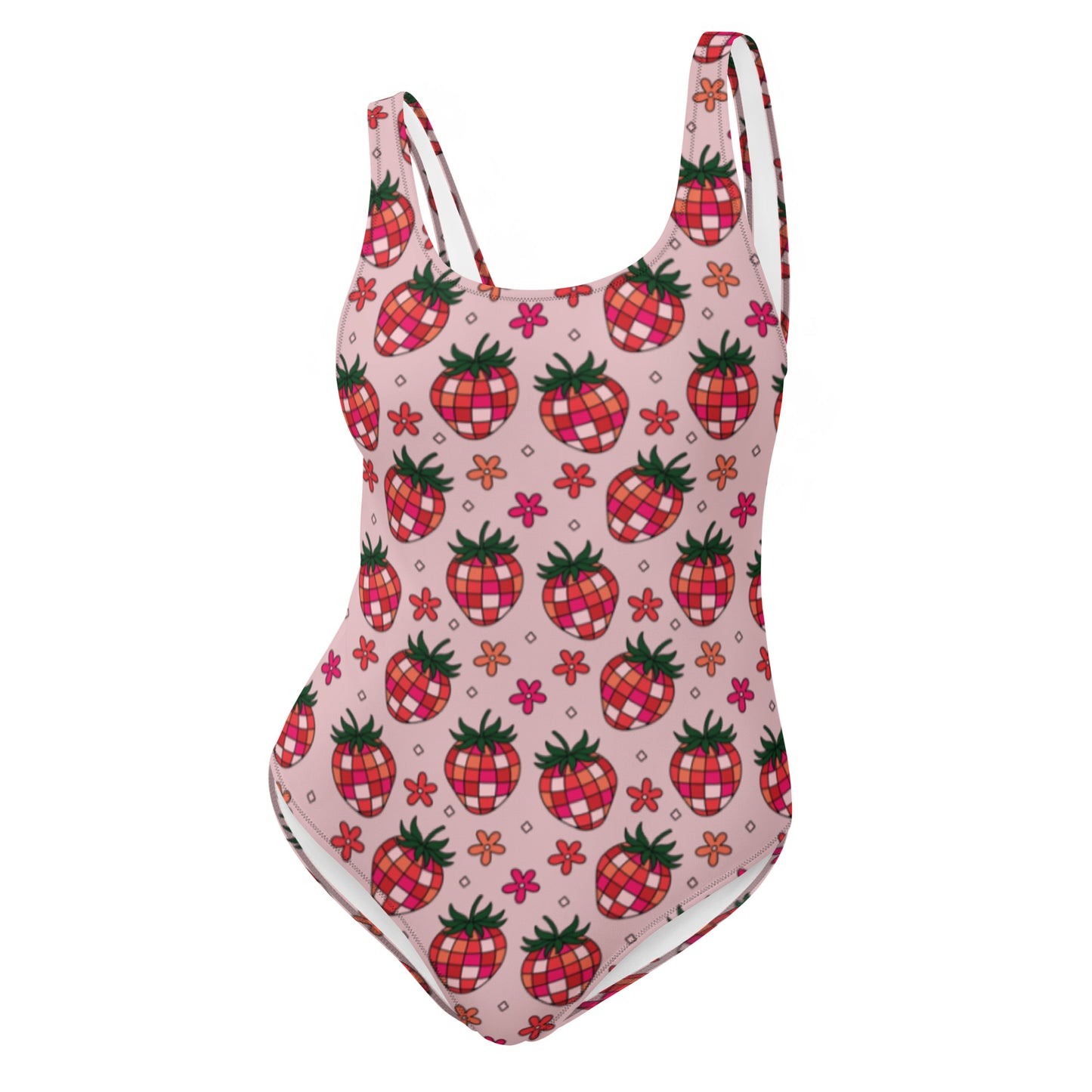 Disco Strawberry One-Piece Swimsuit Spinsterly Co in blush pink with retro strawberry print and scoop neckline