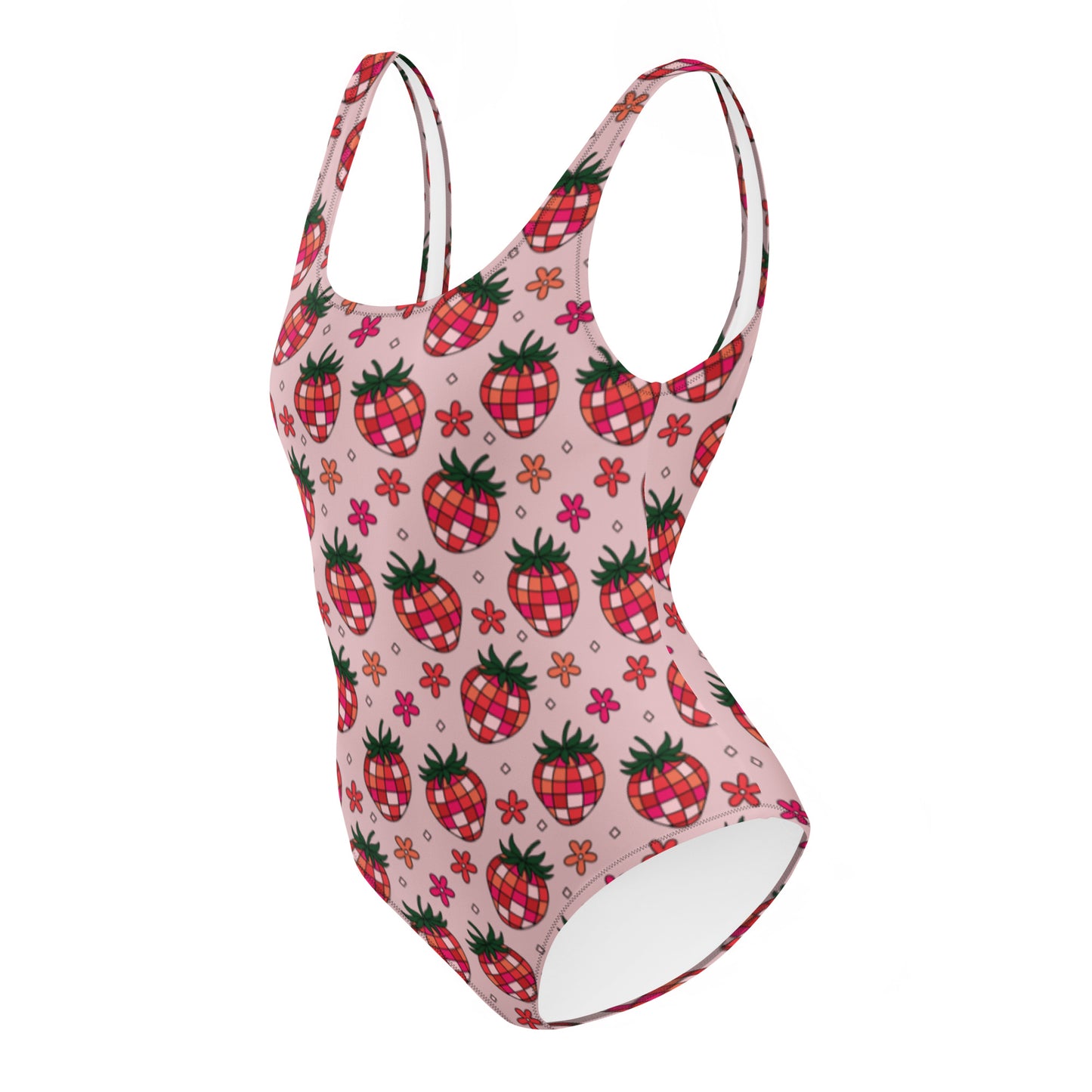 Disco Strawberry One-Piece Swimsuit by Spinsterly Co in pink with retro pineapple print and scoop neckline