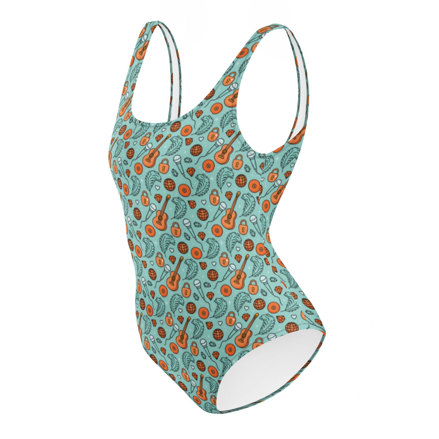 Showgirl Era One-Piece Swimsuit by Spinsterly Co in teal with all-over guitar and lock print
