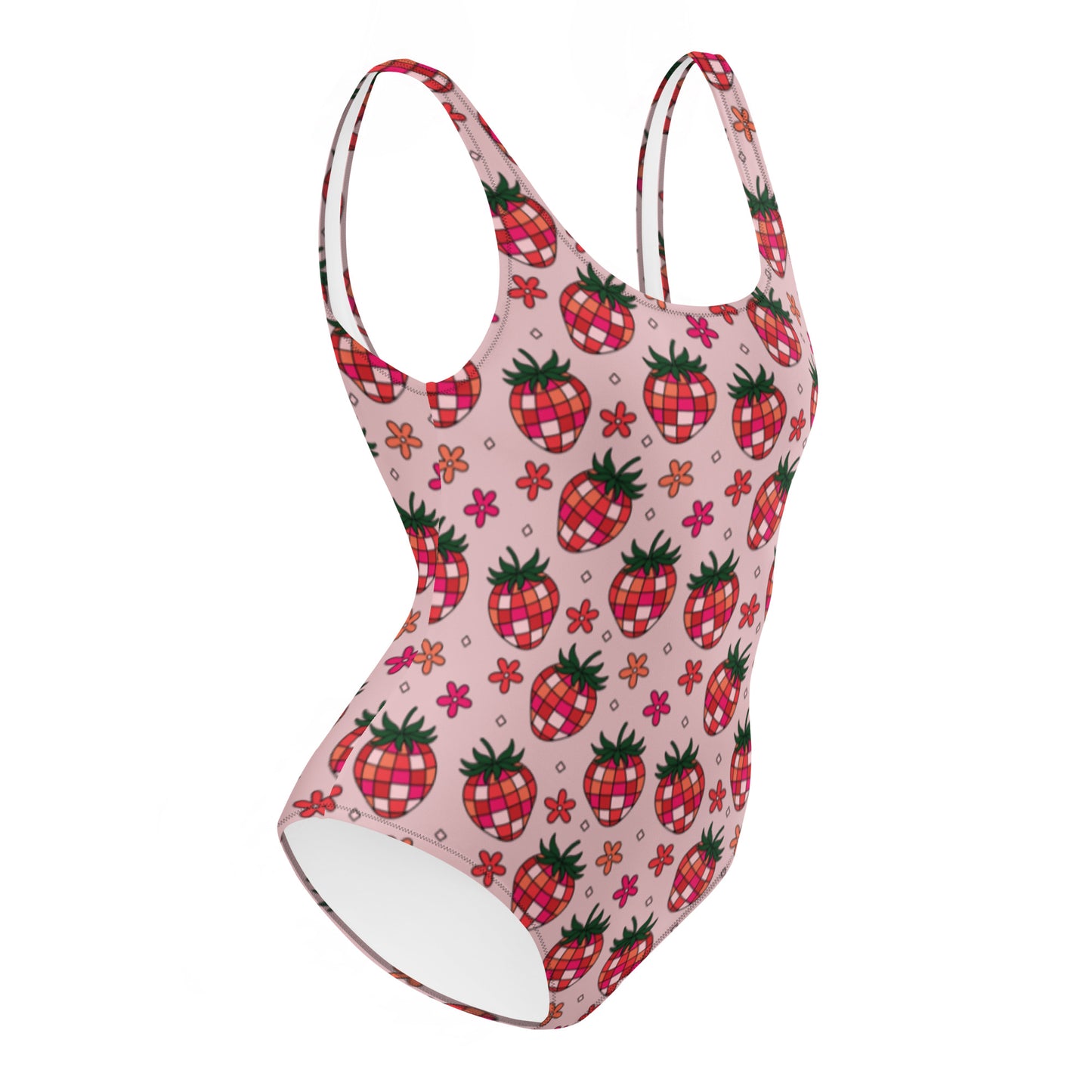 Disco Strawberry One-Piece Swimsuit Spinsterly Co in pale pink with retro strawberry print and scoop neckline